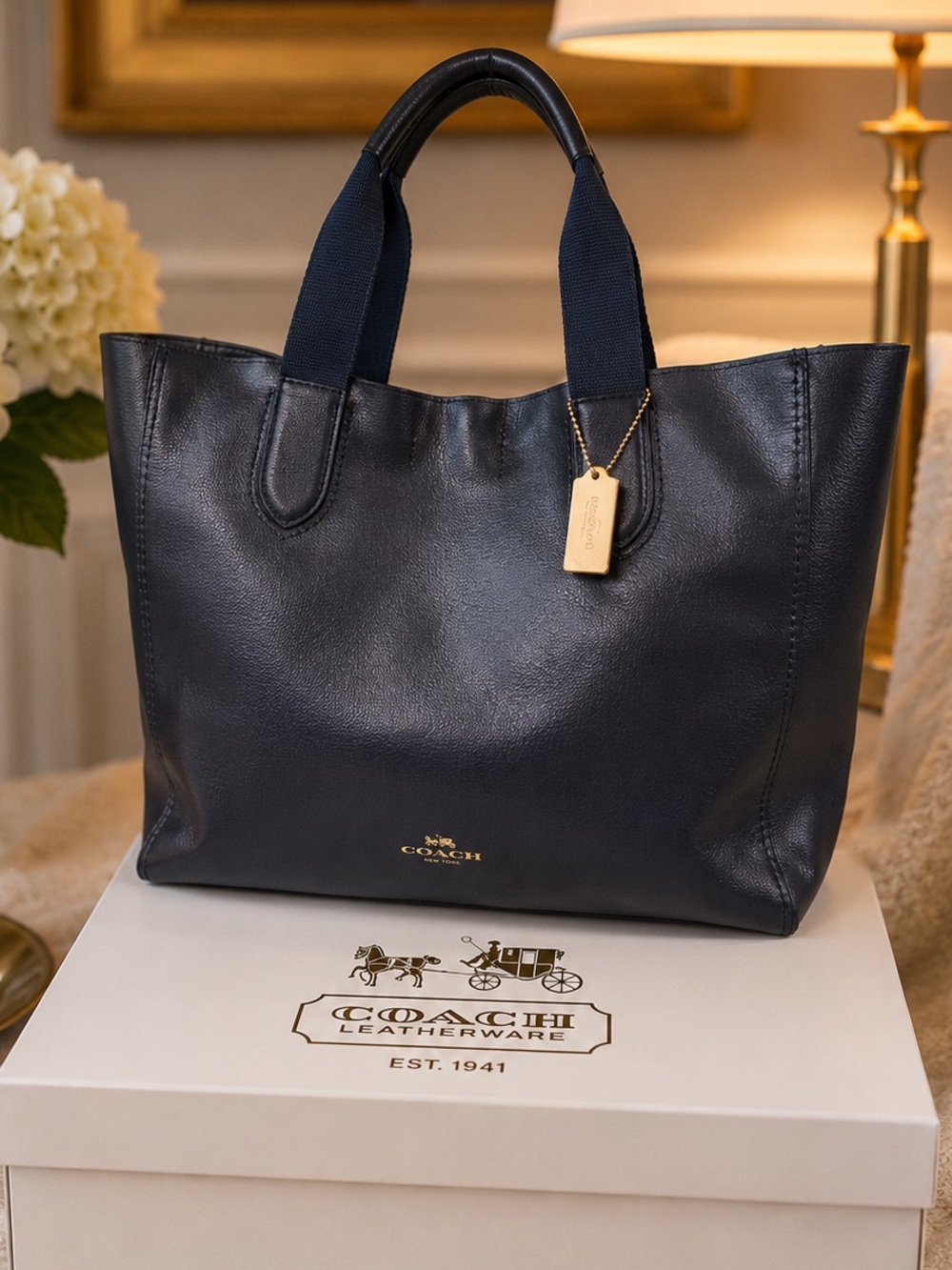 Coach Large Saddle Blue Derby Pebbled Leather Tote with Gold Tag Original Box